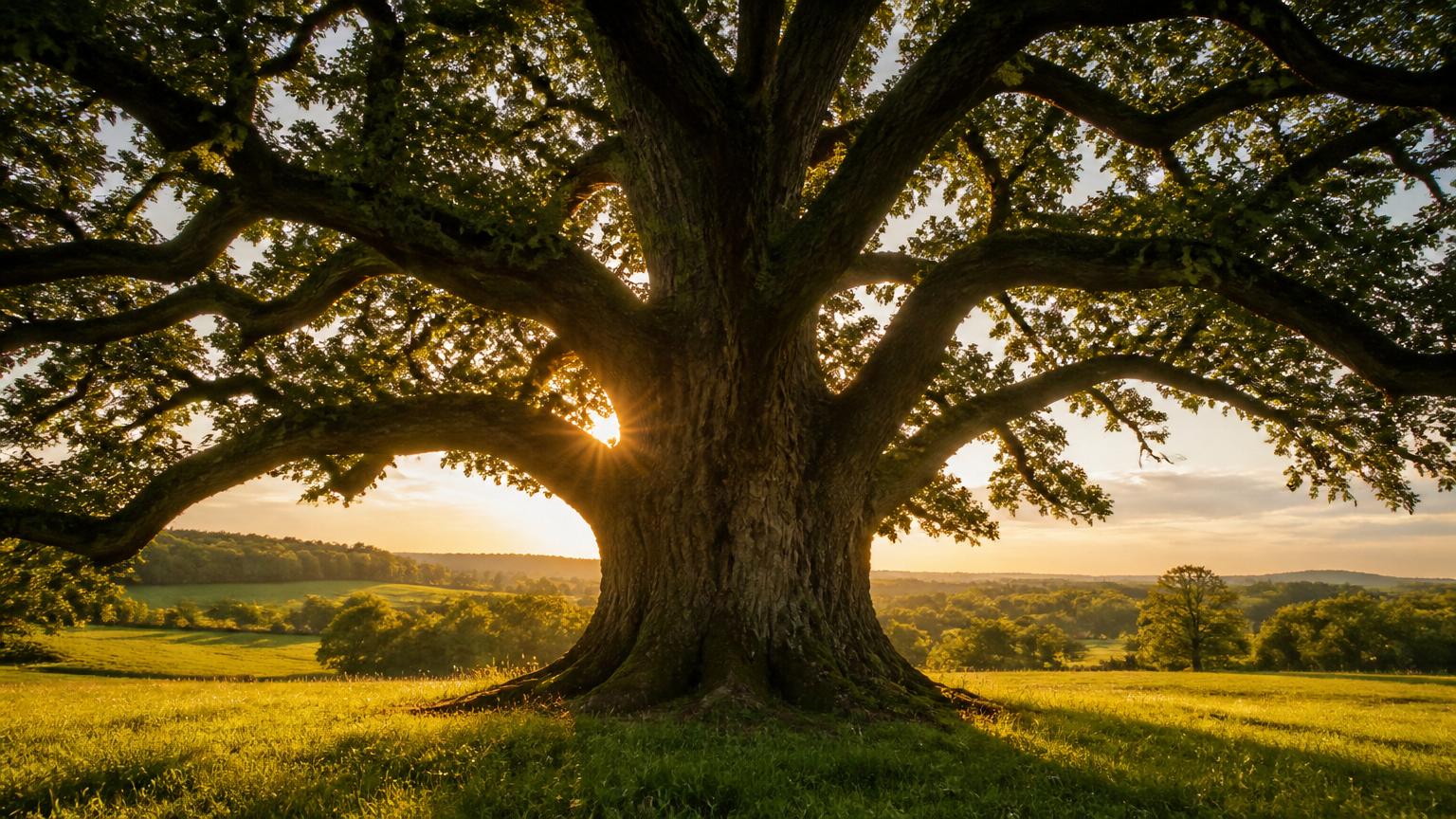 Chêne majestueux au coucher du soleil – élagage et soin des arbres